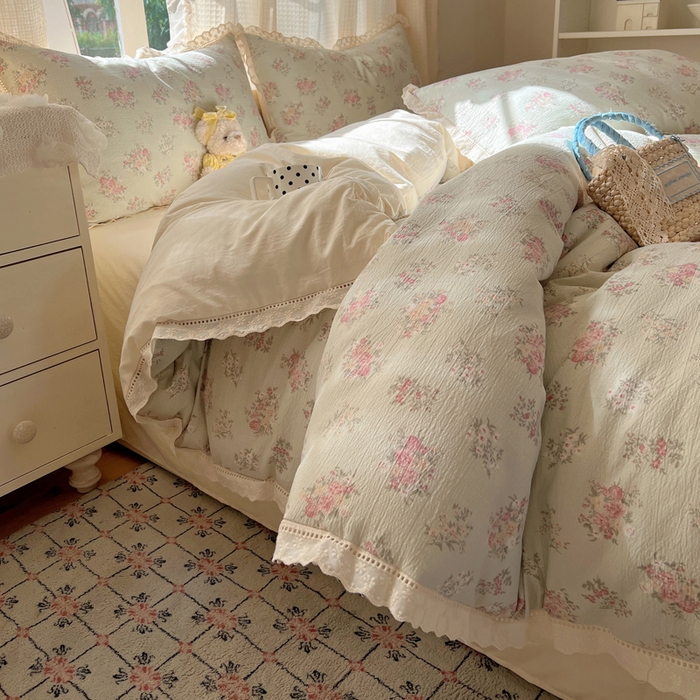 91家纺网 家纺一手货源 找家纺 顾里家纺 2025新款蕾丝花边云感皱皱纱四件套 琉璃花