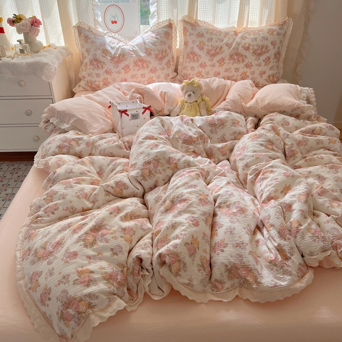 91家纺网 家纺一手货源 找家纺 顾里家纺 2025新款蕾丝花边云感皱皱纱四件套 茉烟染