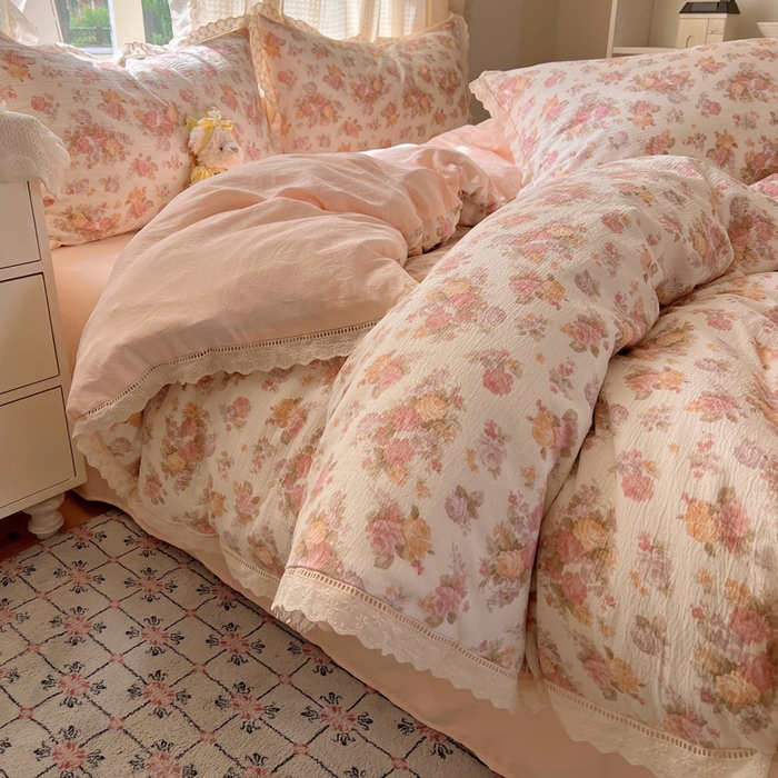 91家纺网 家纺一手货源 找家纺 顾里家纺 2025新款蕾丝花边云感皱皱纱四件套 茉烟染