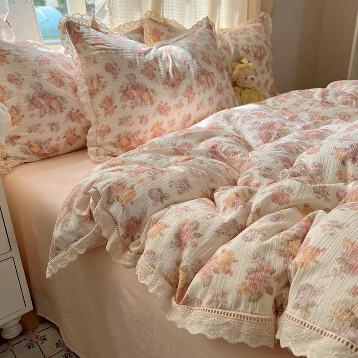 91家纺网 家纺一手货源 找家纺 顾里家纺 2025新款蕾丝花边云感皱皱纱四件套 茉烟染