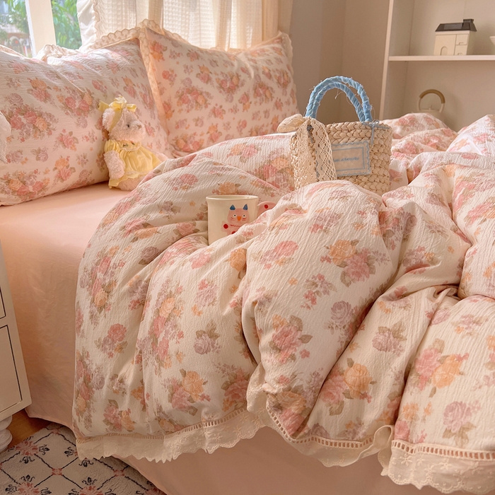 91家纺网 家纺一手货源 找家纺 顾里家纺 2025新款蕾丝花边云感皱皱纱四件套 茉烟染