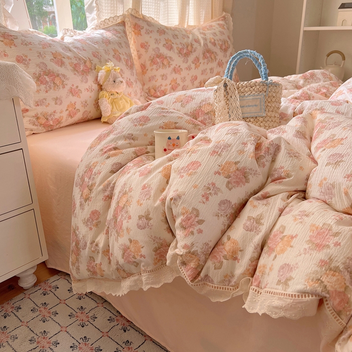 91家纺网 家纺一手货源 找家纺 顾里家纺 2025新款蕾丝花边云感皱皱纱四件套 茉烟染