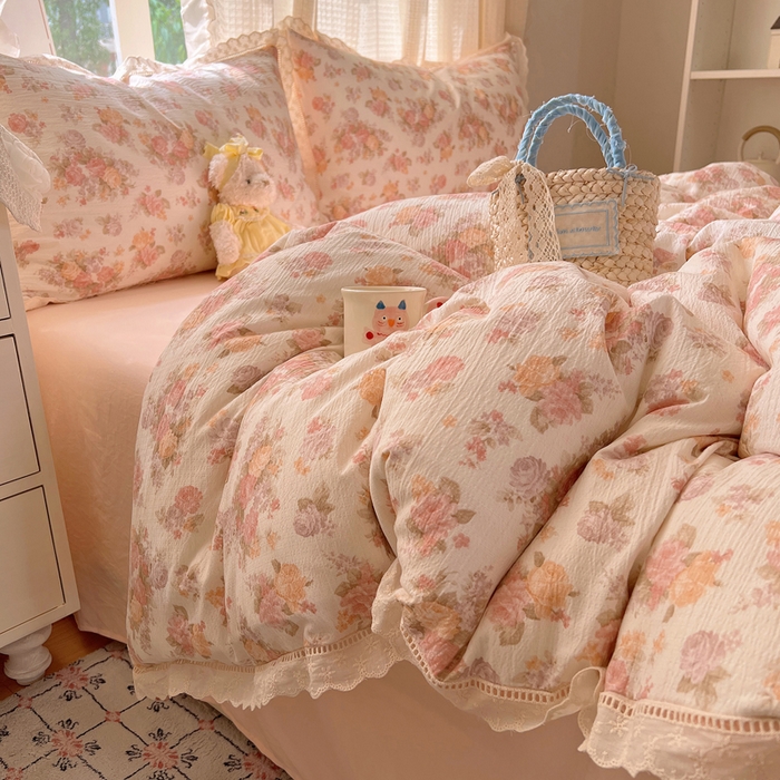 91家纺网 家纺一手货源 找家纺 顾里家纺 2025新款蕾丝花边云感皱皱纱四件套 茉烟染