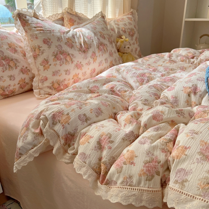 91家纺网 家纺一手货源 找家纺 顾里家纺 2025新款蕾丝花边云感皱皱纱四件套 茉烟染