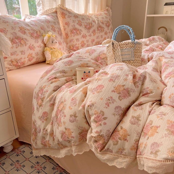 91家纺网 家纺一手货源 找家纺 顾里家纺 2025新款蕾丝花边云感皱皱纱四件套 茉烟染