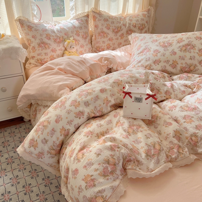 91家纺网 家纺一手货源 找家纺 顾里家纺 2025新款蕾丝花边云感皱皱纱四件套 茉烟染