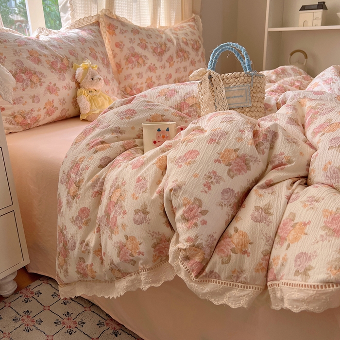 91家纺网 家纺一手货源 找家纺 顾里家纺 2025新款蕾丝花边云感皱皱纱四件套 茉烟染