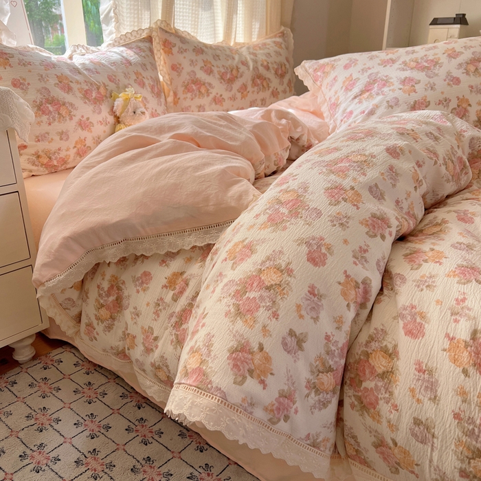 91家纺网 家纺一手货源 找家纺 顾里家纺 2025新款蕾丝花边云感皱皱纱四件套 茉烟染