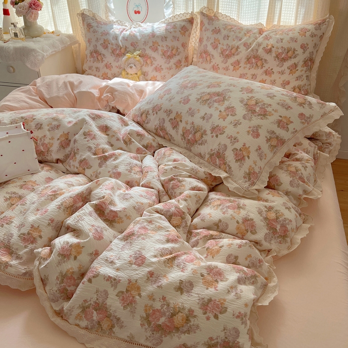 91家纺网 家纺一手货源 找家纺 顾里家纺 2025新款蕾丝花边云感皱皱纱四件套 茉烟染