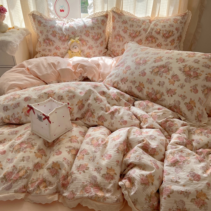 91家纺网 家纺一手货源 找家纺 顾里家纺 2025新款蕾丝花边云感皱皱纱四件套 茉烟染