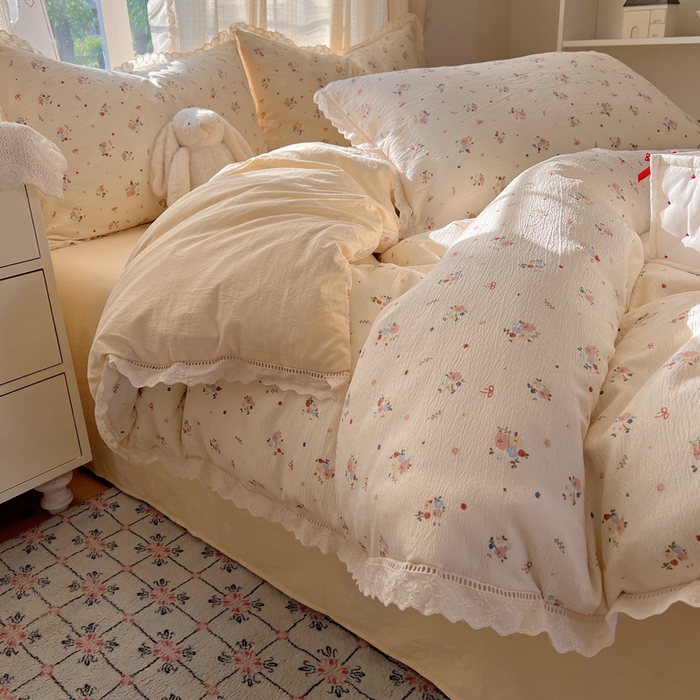 91家纺网 家纺一手货源 找家纺 顾里家纺 2025新款蕾丝花边云感皱皱纱四件套 浅雾梨花