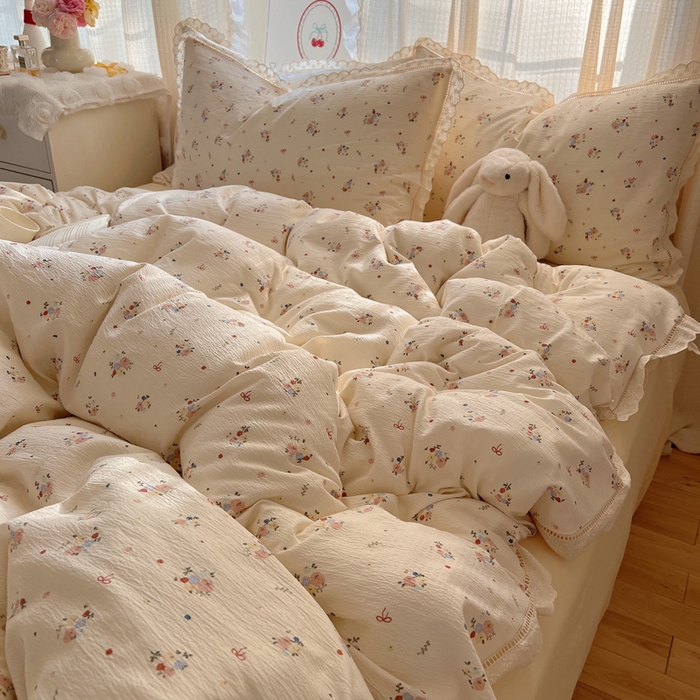 91家纺网 家纺一手货源 找家纺 顾里家纺 2025新款蕾丝花边云感皱皱纱四件套 浅雾梨花