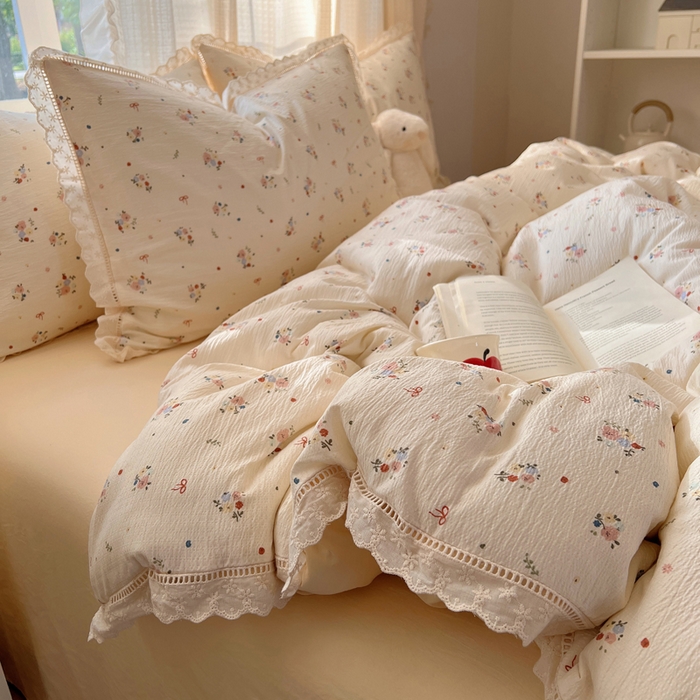 91家纺网 家纺一手货源 找家纺 顾里家纺 2025新款蕾丝花边云感皱皱纱四件套 浅雾梨花