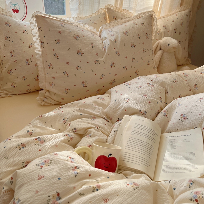 91家纺网 家纺一手货源 找家纺 顾里家纺 2025新款蕾丝花边云感皱皱纱四件套 浅雾梨花