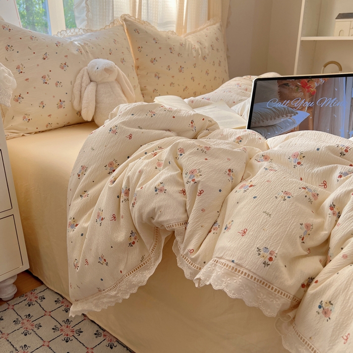 91家纺网 家纺一手货源 找家纺 顾里家纺 2025新款蕾丝花边云感皱皱纱四件套 浅雾梨花