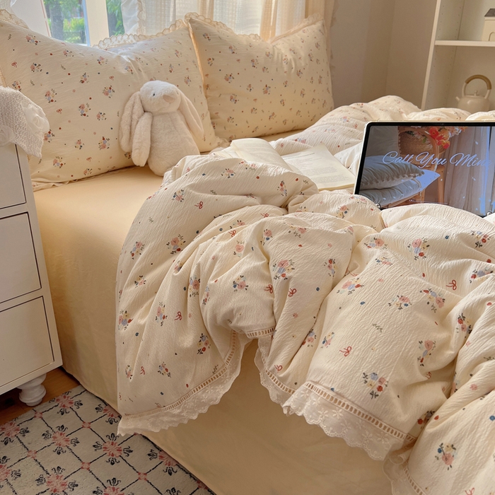 91家纺网 家纺一手货源 找家纺 顾里家纺 2025新款蕾丝花边云感皱皱纱四件套 浅雾梨花