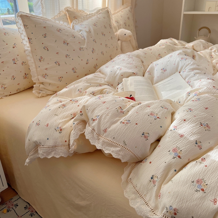 91家纺网 家纺一手货源 找家纺 顾里家纺 2025新款蕾丝花边云感皱皱纱四件套 浅雾梨花