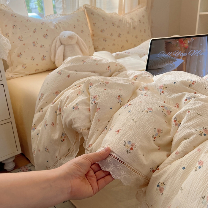 91家纺网 家纺一手货源 找家纺 顾里家纺 2025新款蕾丝花边云感皱皱纱四件套 浅雾梨花