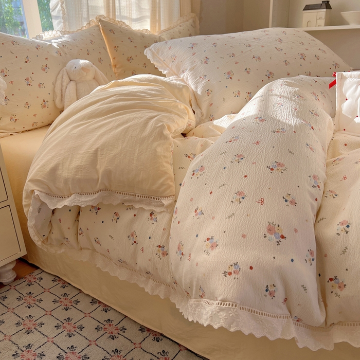 91家纺网 家纺一手货源 找家纺 顾里家纺 2025新款蕾丝花边云感皱皱纱四件套 浅雾梨花