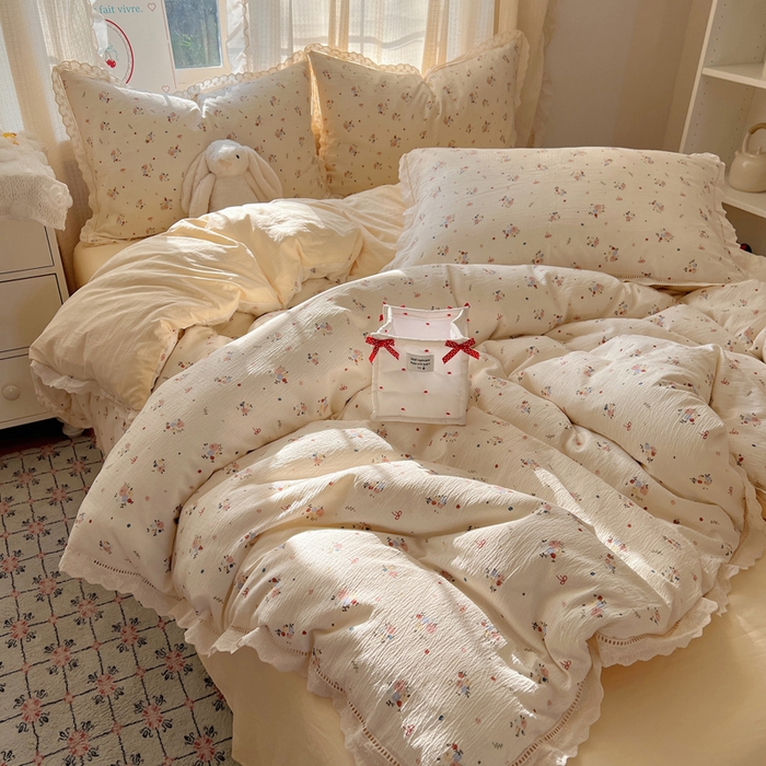 91家纺网 家纺一手货源 找家纺 顾里家纺 2025新款蕾丝花边云感皱皱纱四件套 浅雾梨花