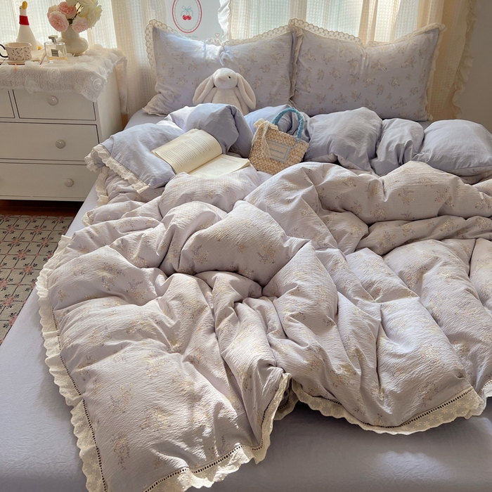 91家纺网 家纺一手货源 找家纺 顾里家纺 2025新款蕾丝花边云感皱皱纱四件套 晴岛桔梗