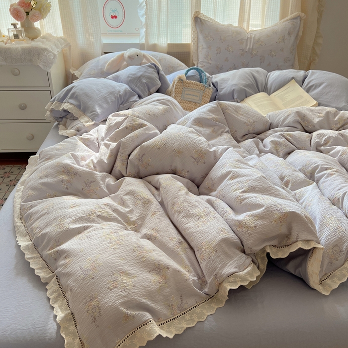 91家纺网 家纺一手货源 找家纺 顾里家纺 2025新款蕾丝花边云感皱皱纱四件套 晴岛桔梗