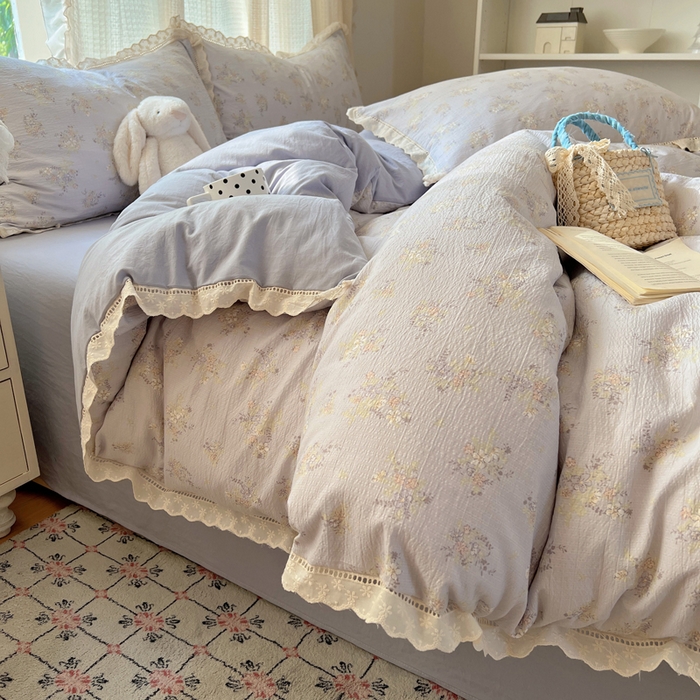 91家纺网 家纺一手货源 找家纺 顾里家纺 2025新款蕾丝花边云感皱皱纱四件套 晴岛桔梗