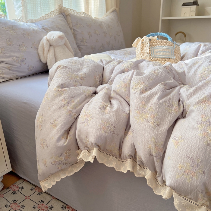 91家纺网 家纺一手货源 找家纺 顾里家纺 2025新款蕾丝花边云感皱皱纱四件套 晴岛桔梗