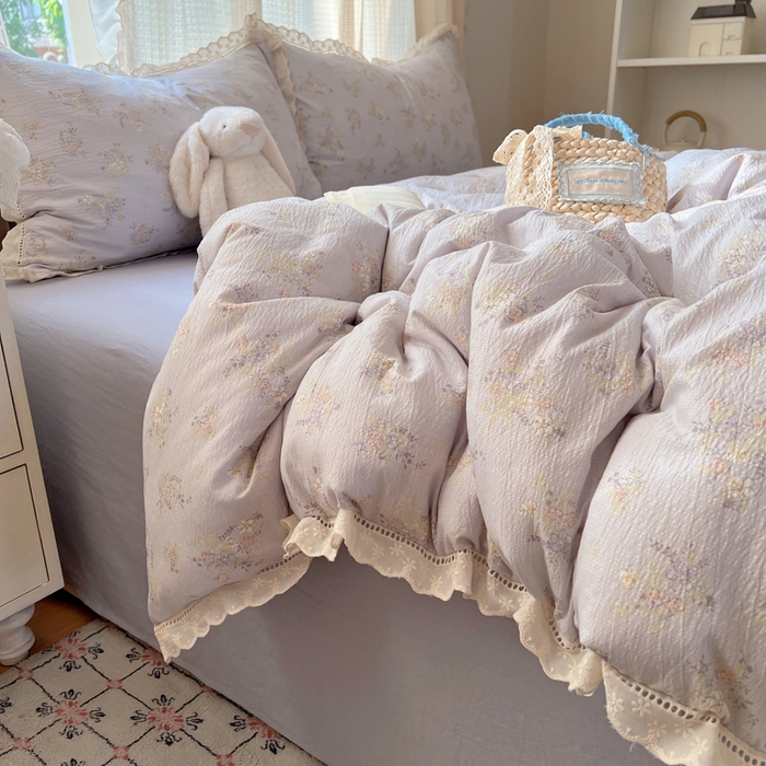 91家纺网 家纺一手货源 找家纺 顾里家纺 2025新款蕾丝花边云感皱皱纱四件套 晴岛桔梗