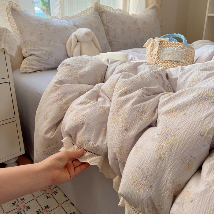 91家纺网 家纺一手货源 找家纺 顾里家纺 2025新款蕾丝花边云感皱皱纱四件套 晴岛桔梗