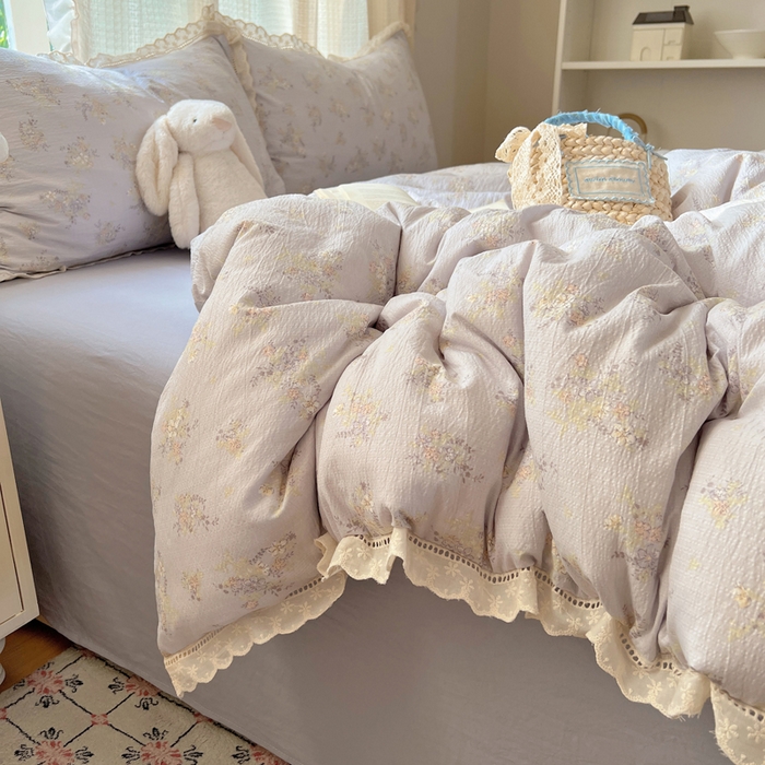 91家纺网 家纺一手货源 找家纺 顾里家纺 2025新款蕾丝花边云感皱皱纱四件套 晴岛桔梗