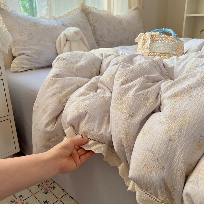 91家纺网 家纺一手货源 找家纺 顾里家纺 2025新款蕾丝花边云感皱皱纱四件套 晴岛桔梗