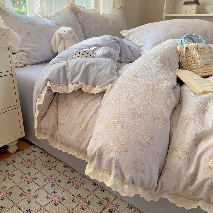 91家纺网 家纺一手货源 找家纺 顾里家纺 2025新款蕾丝花边云感皱皱纱四件套 晴岛桔梗