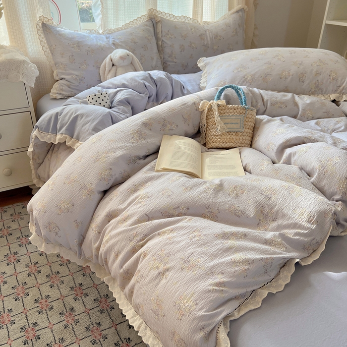 91家纺网 家纺一手货源 找家纺 顾里家纺 2025新款蕾丝花边云感皱皱纱四件套 晴岛桔梗