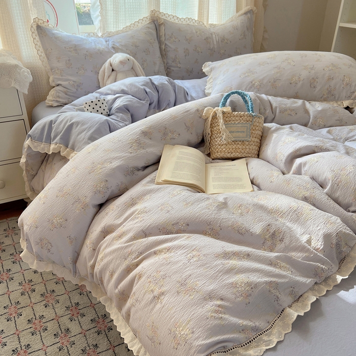 91家纺网 家纺一手货源 找家纺 顾里家纺 2025新款蕾丝花边云感皱皱纱四件套 晴岛桔梗