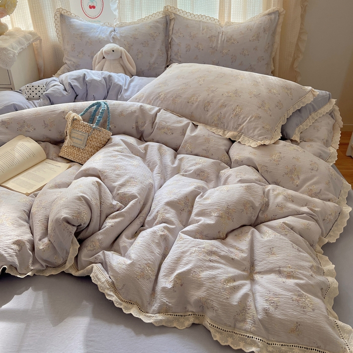 91家纺网 家纺一手货源 找家纺 顾里家纺 2025新款蕾丝花边云感皱皱纱四件套 晴岛桔梗