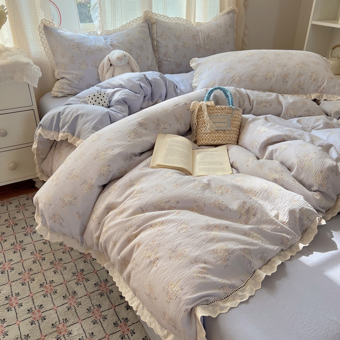 91家纺网 家纺一手货源 找家纺 顾里家纺 2025新款蕾丝花边云感皱皱纱四件套 晴岛桔梗