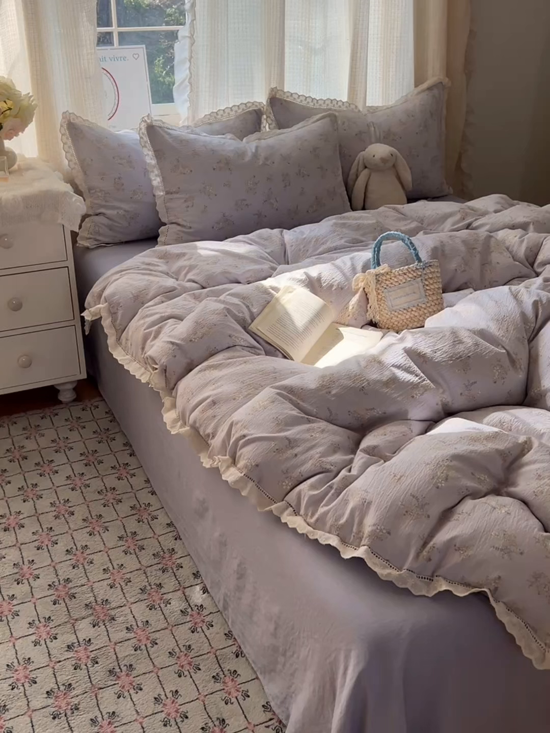 91家纺网 家纺一手货源 找家纺 顾里家纺 2025新款蕾丝花边云感皱皱纱四件套 晴岛桔梗