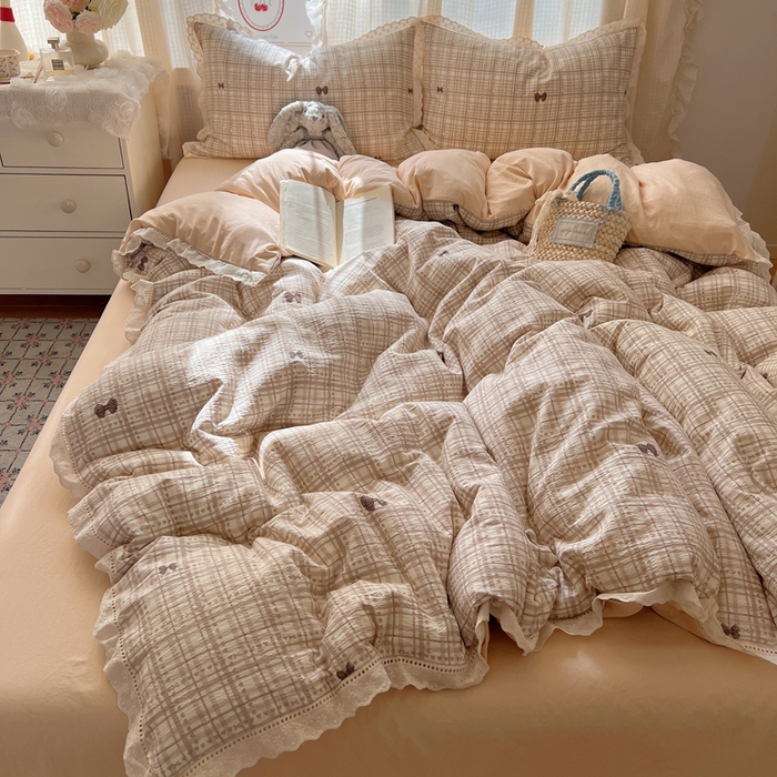 91家纺网 家纺一手货源 找家纺 顾里家纺 2025新款蕾丝花边云感皱皱纱四件套 秋栗蝴蝶结