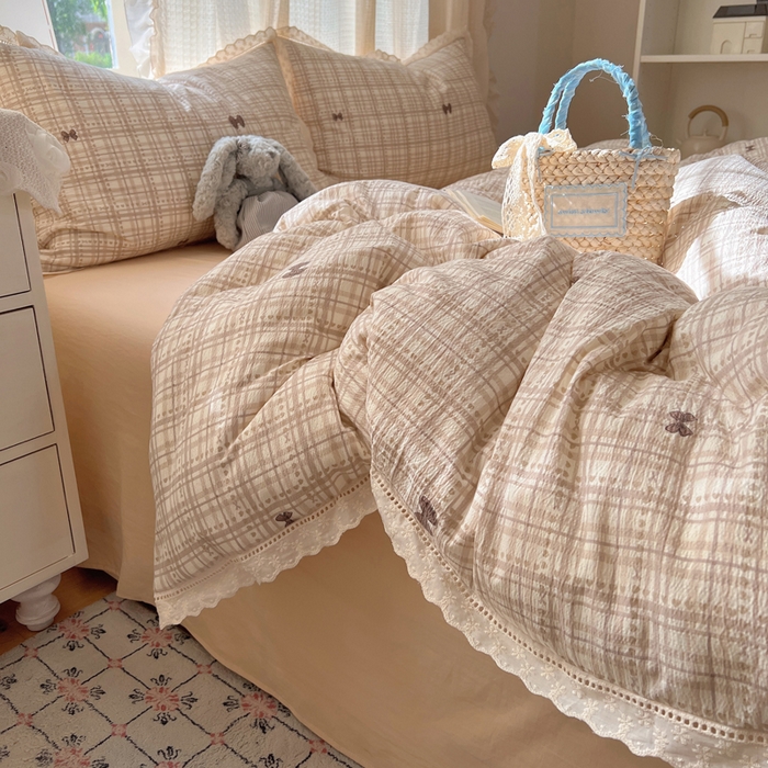 91家纺网 家纺一手货源 找家纺 顾里家纺 2025新款蕾丝花边云感皱皱纱四件套 秋栗蝴蝶结