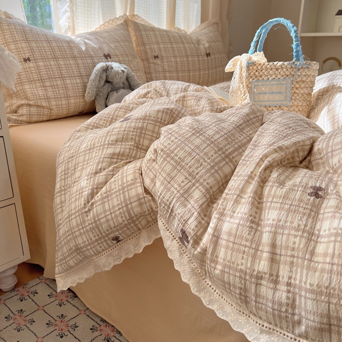 91家纺网 家纺一手货源 找家纺 顾里家纺 2025新款蕾丝花边云感皱皱纱四件套 秋栗蝴蝶结