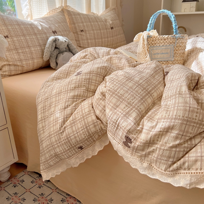 91家纺网 家纺一手货源 找家纺 顾里家纺 2025新款蕾丝花边云感皱皱纱四件套 秋栗蝴蝶结