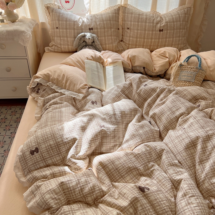 91家纺网 家纺一手货源 找家纺 顾里家纺 2025新款蕾丝花边云感皱皱纱四件套 秋栗蝴蝶结