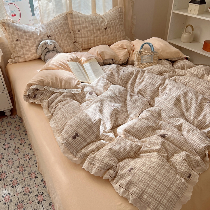 91家纺网 家纺一手货源 找家纺 顾里家纺 2025新款蕾丝花边云感皱皱纱四件套 秋栗蝴蝶结