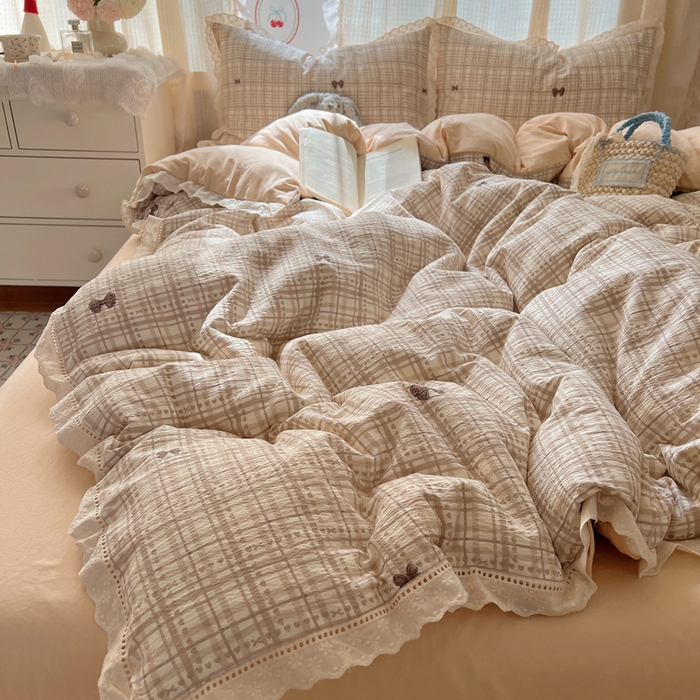 91家纺网 家纺一手货源 找家纺 顾里家纺 2025新款蕾丝花边云感皱皱纱四件套 秋栗蝴蝶结