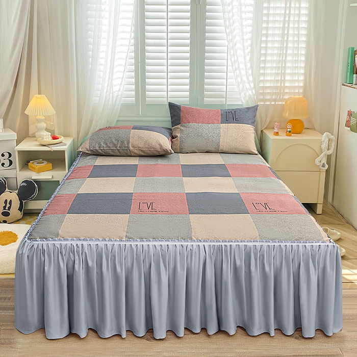 （总）小雨家纺 2026新款原棉老粗布床裙款凉席席子三件套