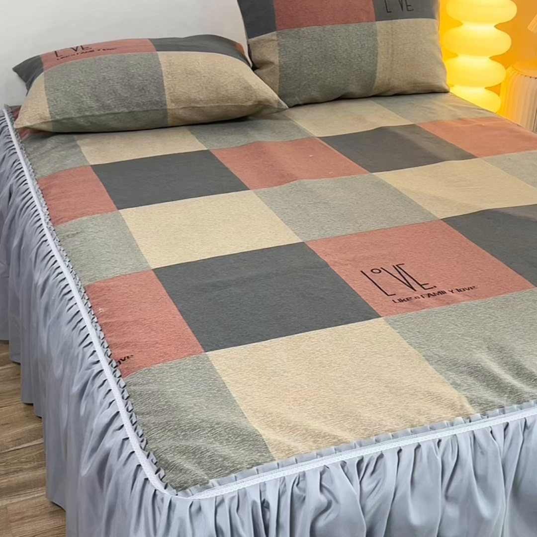 91家纺网 家纺一手货源 找家纺 （总）小雨家纺 2026新款原棉老粗布床裙款凉席席子三件套