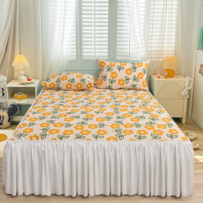 小雨家纺 2026新款原棉老粗布床裙款凉席席子三件套 花影爱情