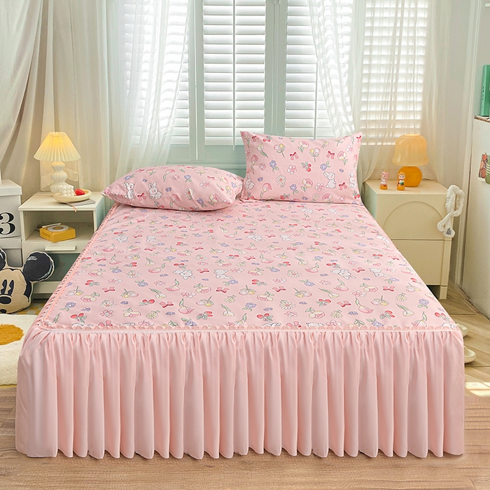 小雨家纺 2026新款原棉老粗布床裙款凉席席子三件套 花缘兔粉