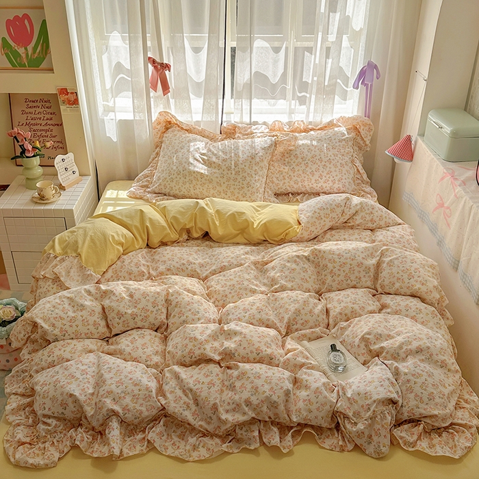 91家纺网 家纺一手货源 找家纺 冕悠家纺 2025新款A类法式花边四件套超柔裸睡级床单被套三件套-风格二+微信提供买家秀 橘夏